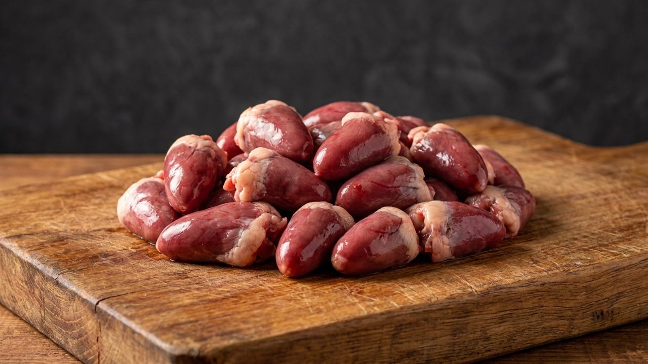 Fresh raw chicken hearts displayed on a rustic wooden cutting board