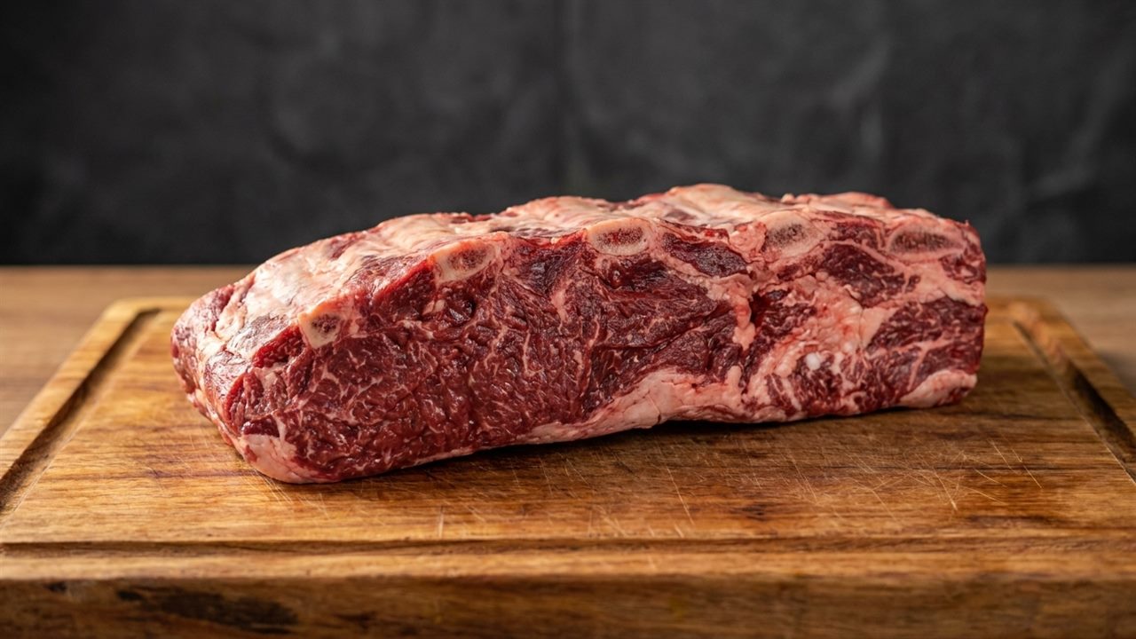 Raw marbled beef ribs displayed on a rustic wooden cutting board