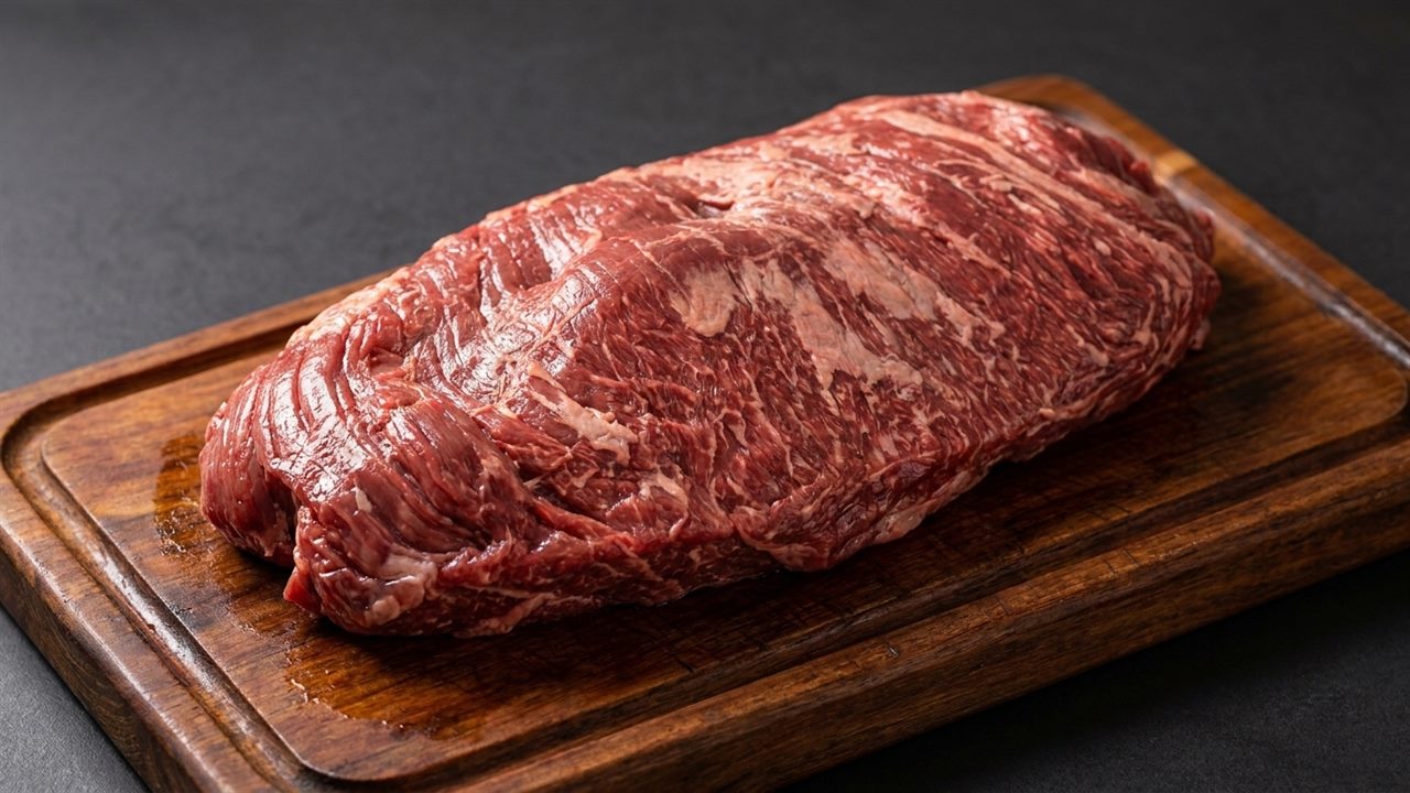 Raw marbled fraldinha cut displayed on a rustic wooden cutting board