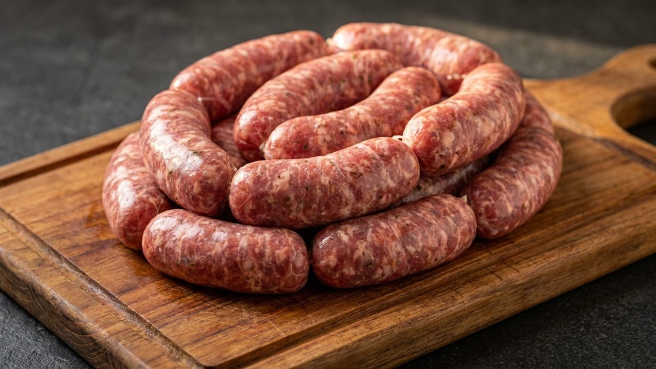 Raw artisan Brazilian sausages arranged on a rustic wooden cutting board
