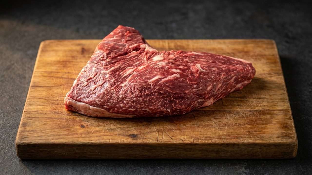 Raw marbled maminha cut displayed on a rustic wooden cutting board