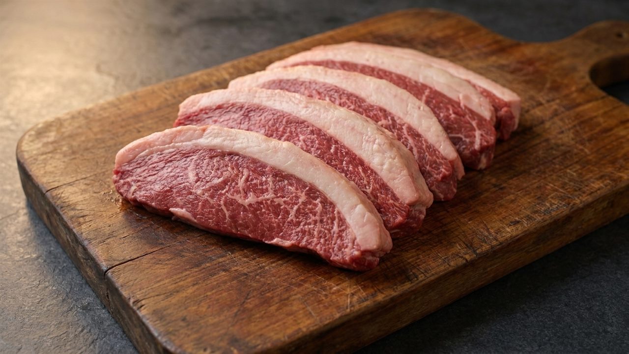 Raw picanha steaks with intact fat caps on a rustic wooden cutting board