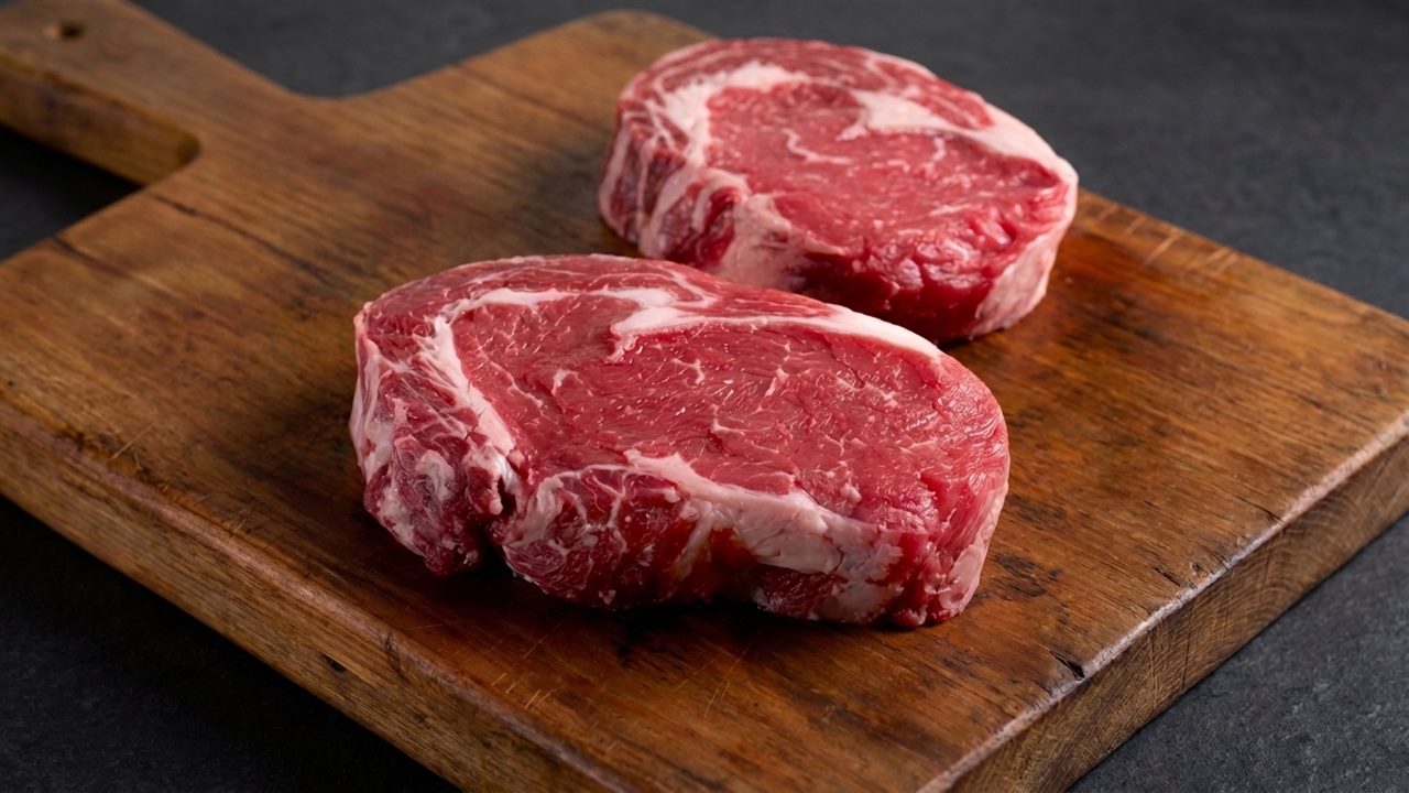 Two raw marbled ribeye steaks on a rustic wooden cutting board