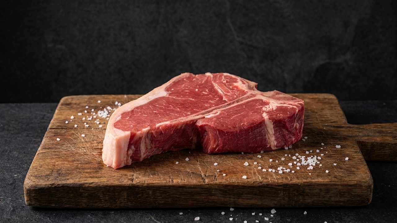 Raw T-bone steak with coarse salt on a rustic wooden cutting board
