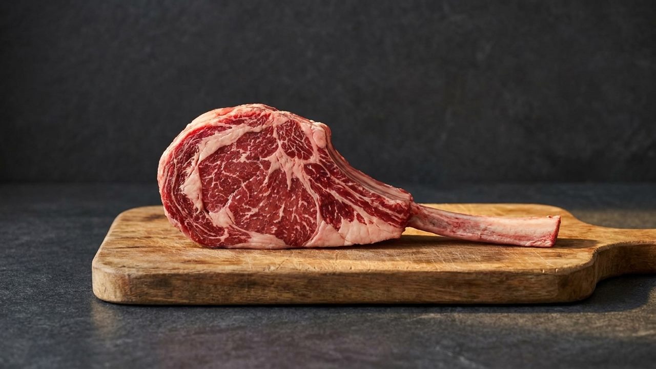 Raw long-bone tomahawk steak on a rustic wooden cutting board